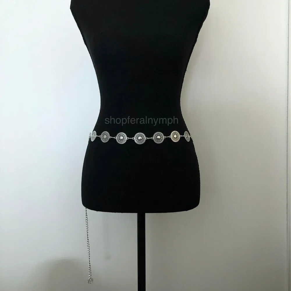 Vintage Y2K Boho Silver Mandala Circle Chain Belt, Fits 26.5–46 Inches, X7GA1166